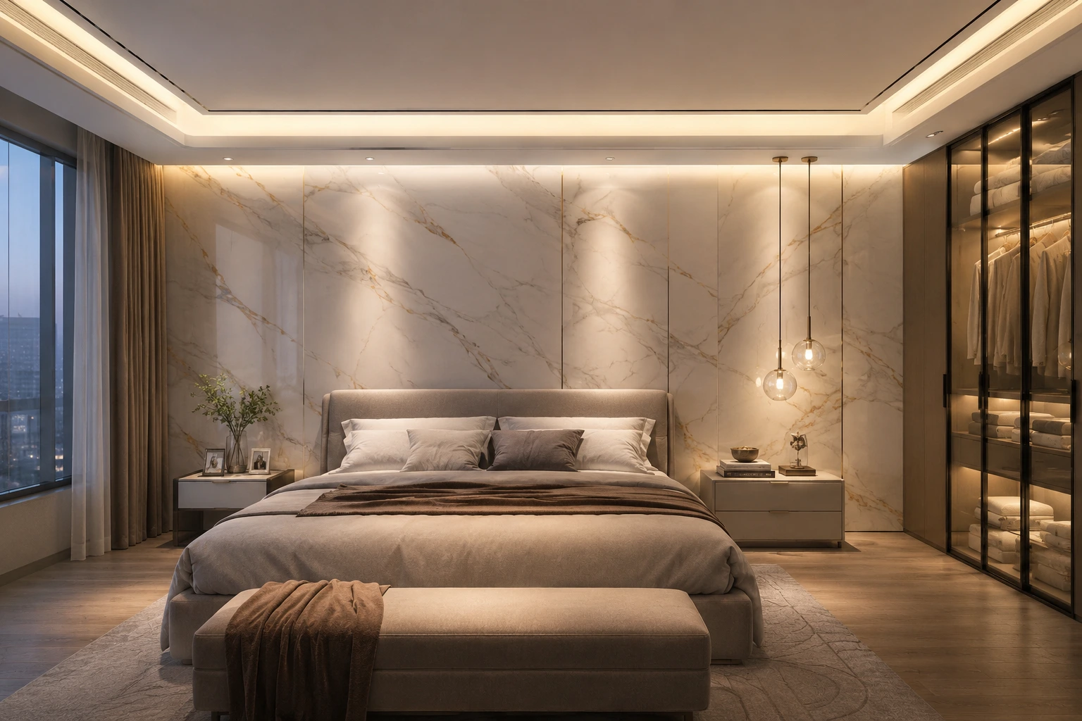 Inspirasi marmer PVC dinding untuk kamar tidur modern.