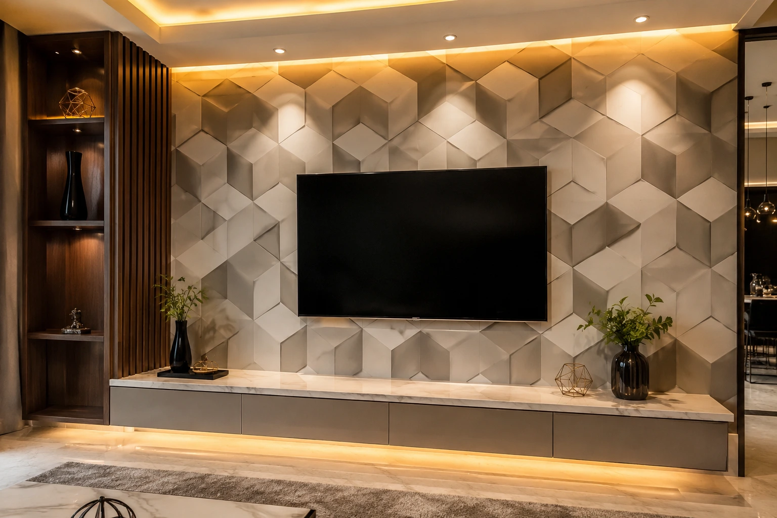 Inspirasi motif cat dinding 3D kubus untuk backdrop TV modern.