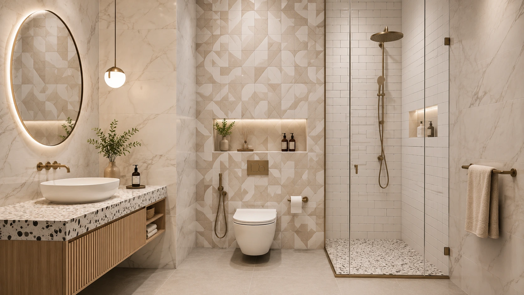 Inspirasi motif keramik dinding kamar mandi marmer, geometris, dan subway tile.