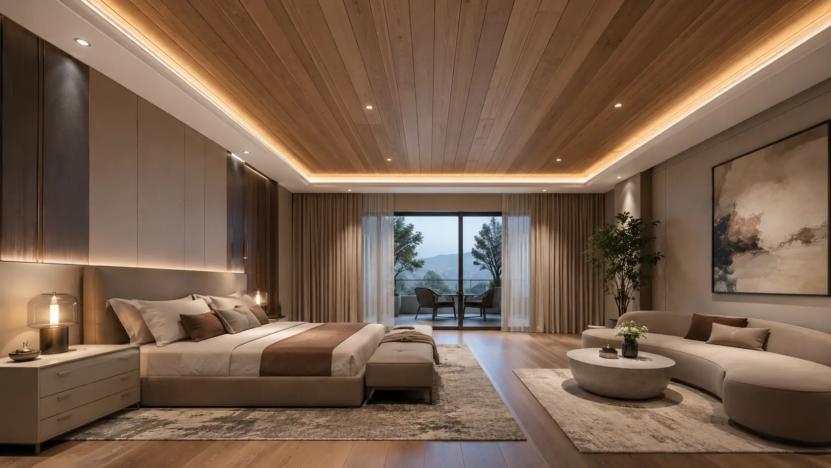 Inspirasi plafon PVC kamar tidur motif kayu yang elegan.
