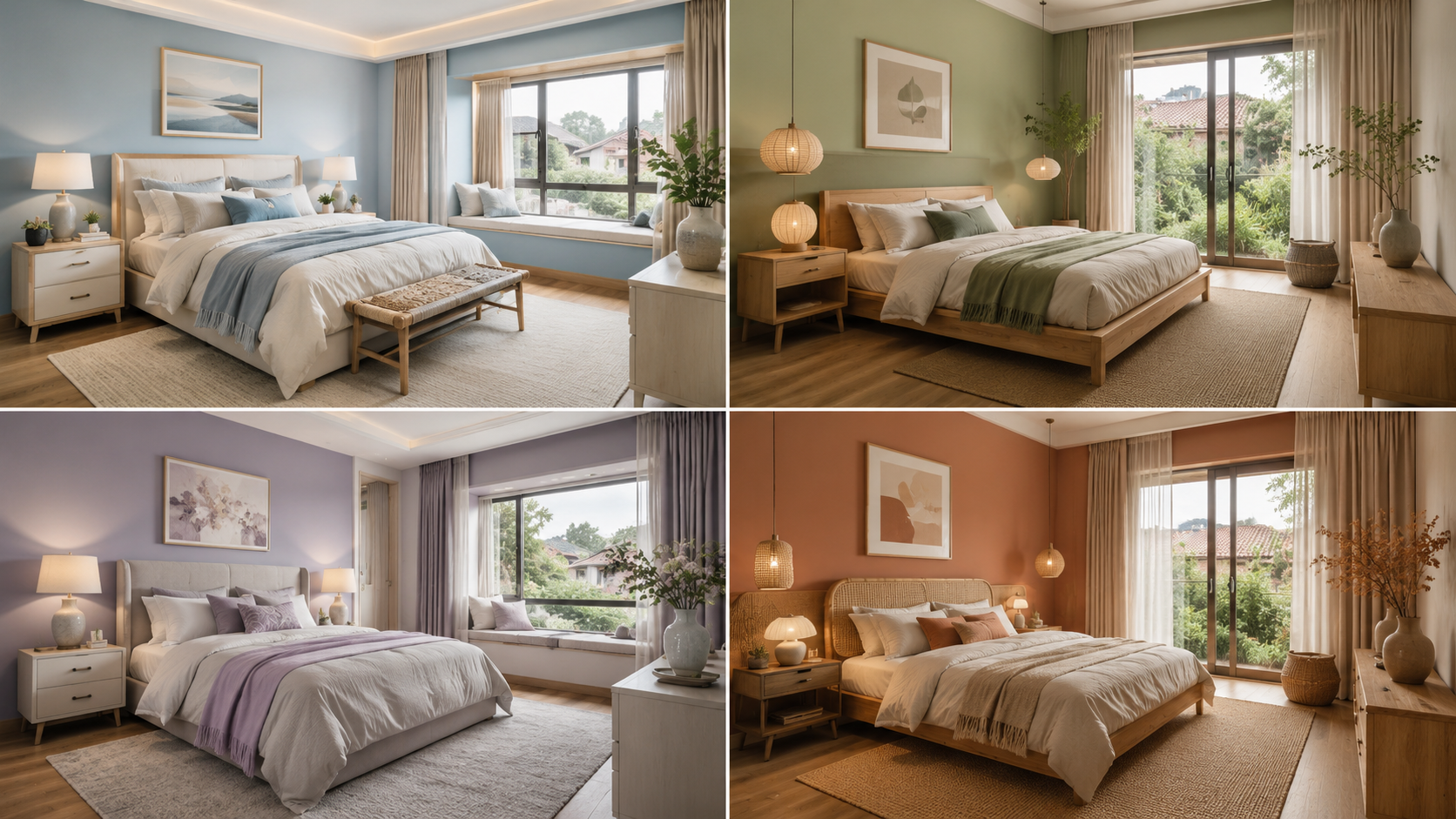 Inspirasi warna cat kamar tidur biru muda, hijau sage, lavender, dan terakota lembut.