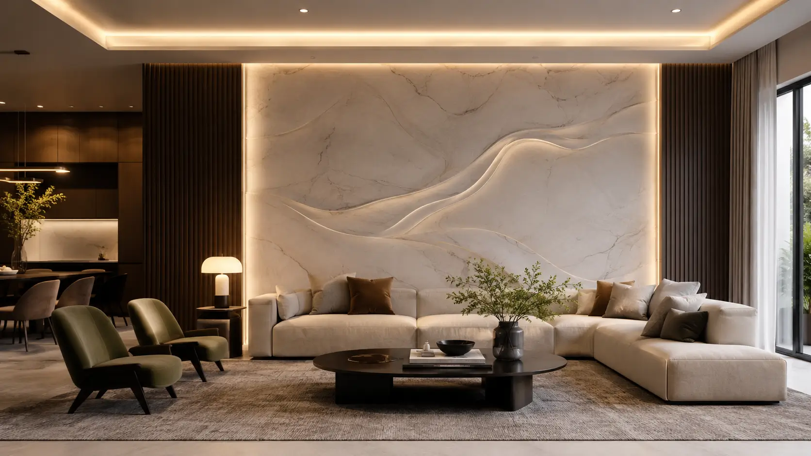 Interior dinding ruang tamu modern dengan wall panel elegan.