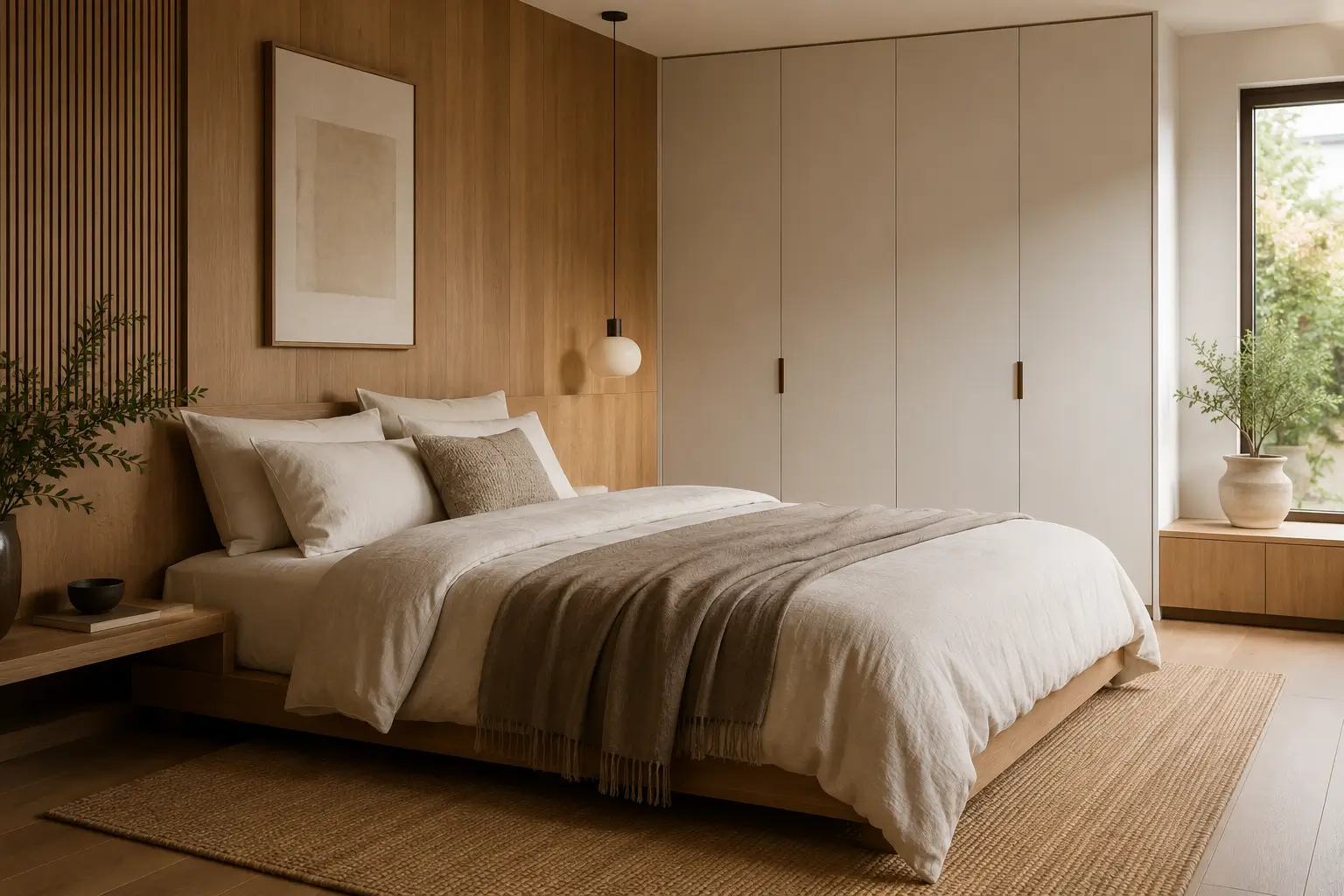 Interior kamar aesthetic Japandi dengan material kayu natural