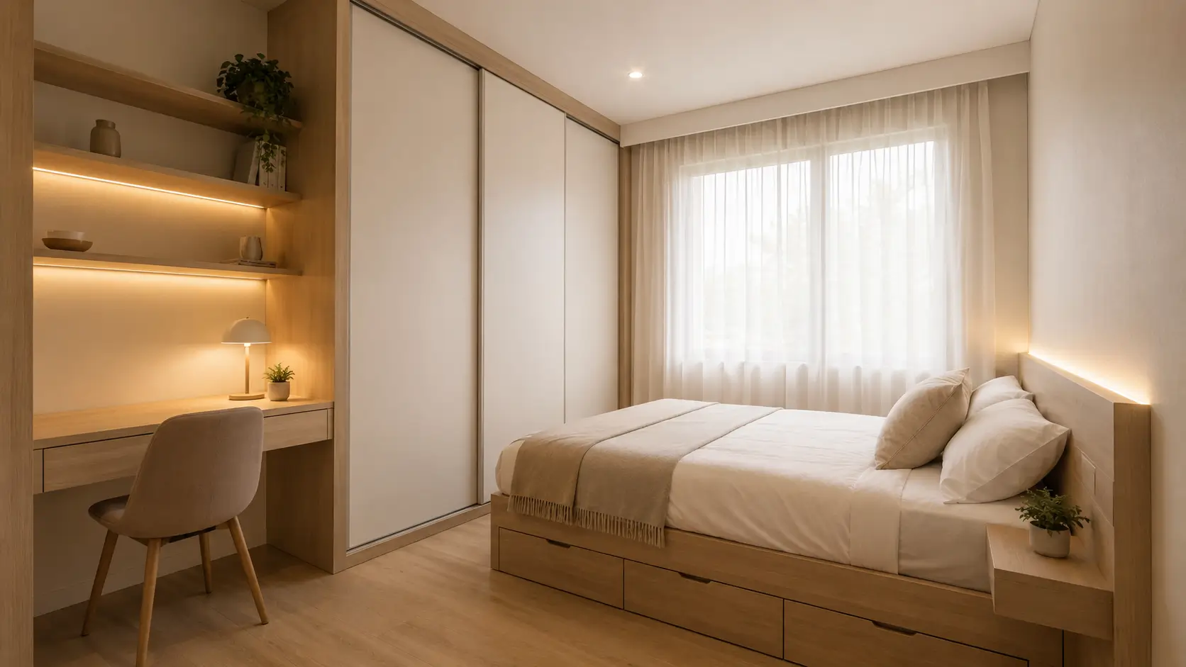 Interior kamar tidur minimalis sederhana dengan furnitur multifungsi