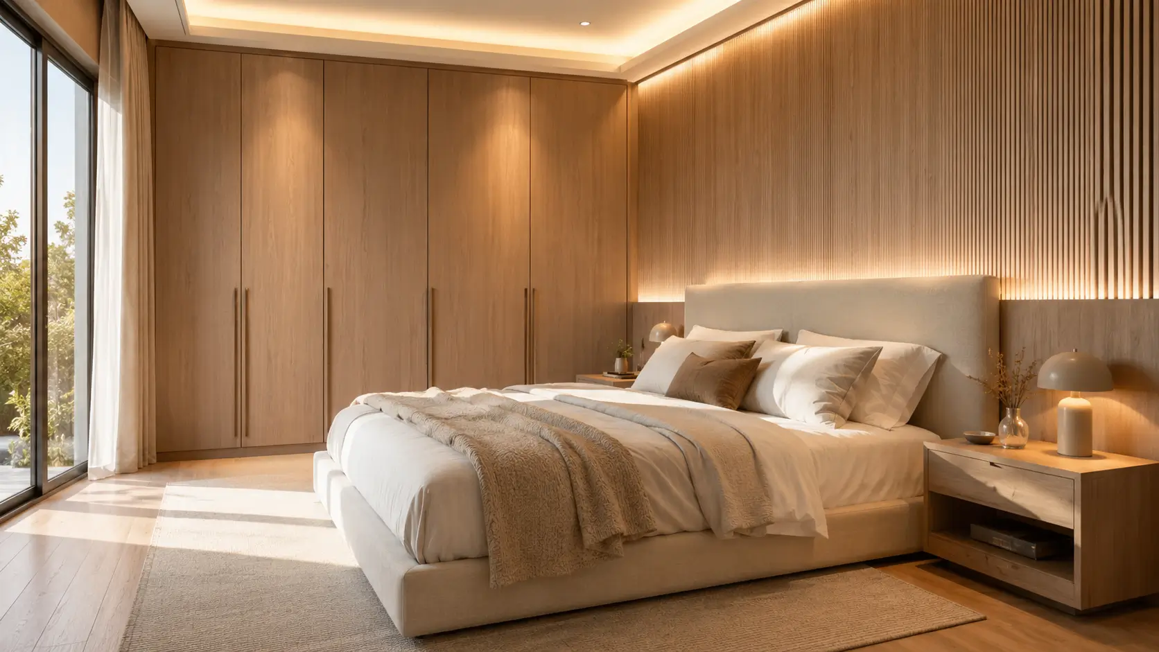 Interior kamar tidur modern dengan furnitur built-in dan pencahayaan hangat