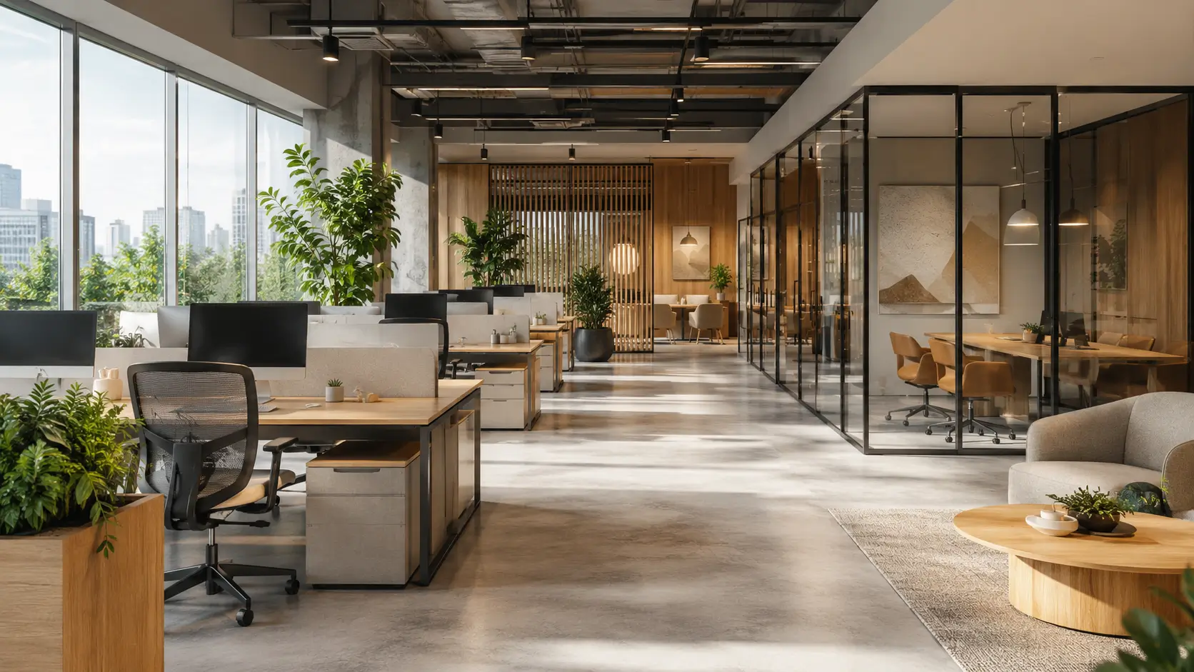 Interior kantor modern dengan furnitur ergonomis dan pencahayaan alami