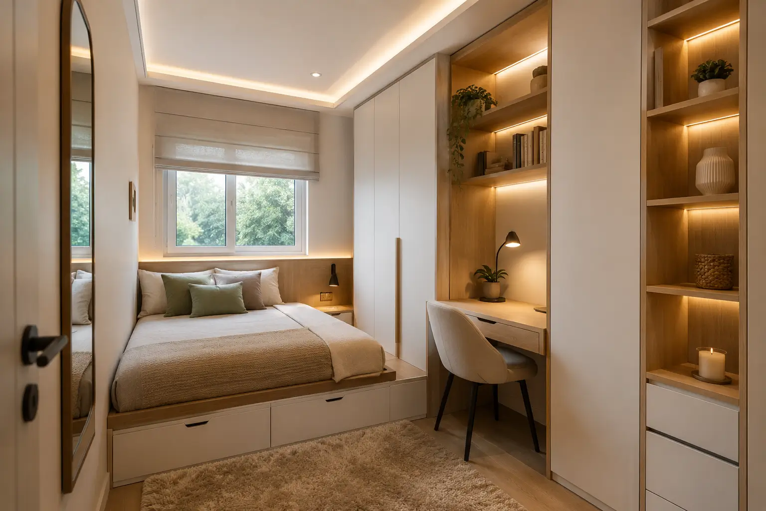 Kamar aesthetic untuk ruangan sempit dengan furnitur multifungsi