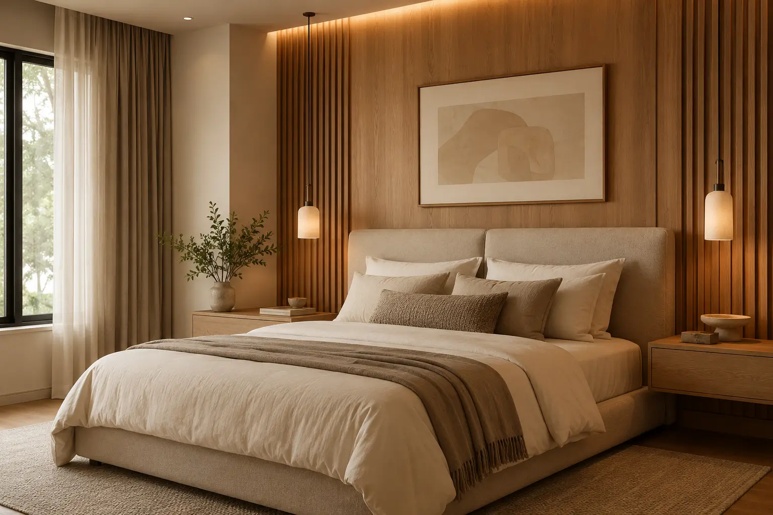 Kamar tidur aesthetic modern dengan warna beige dan kayu natural