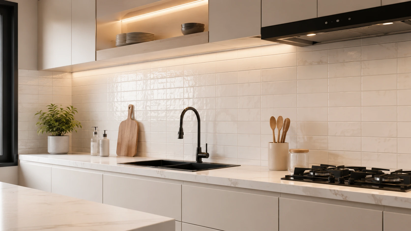 Keramik dinding dapur minimalis dengan backsplash putih dan kitchen set modern.