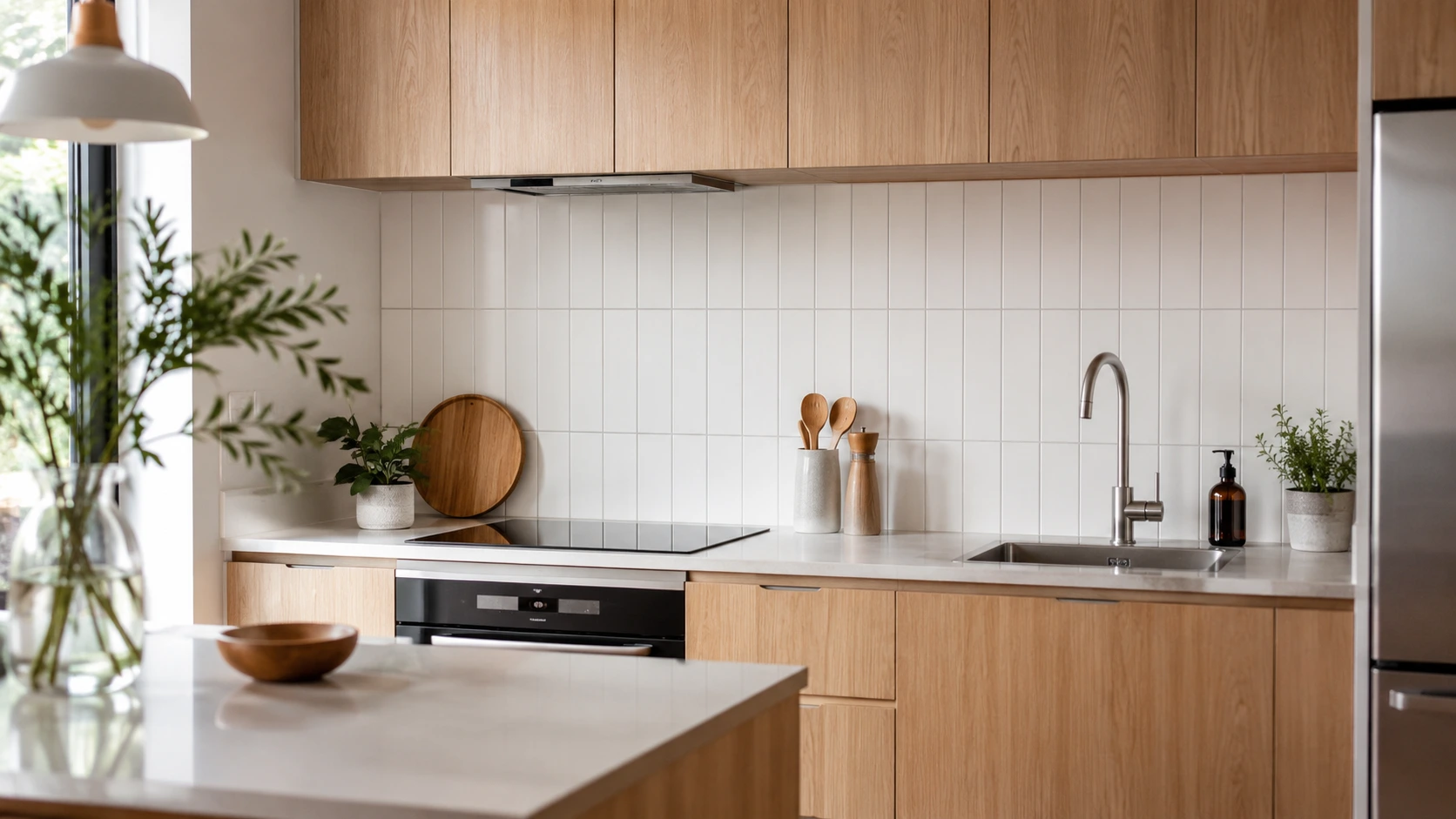 Keramik dinding dapur putih dengan konsep Scandinavian dan kabinet kayu.