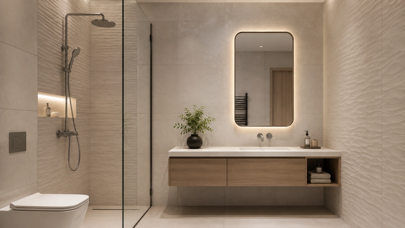 Keramik dinding kamar mandi minimalis dengan desain elegan dan warna netral.