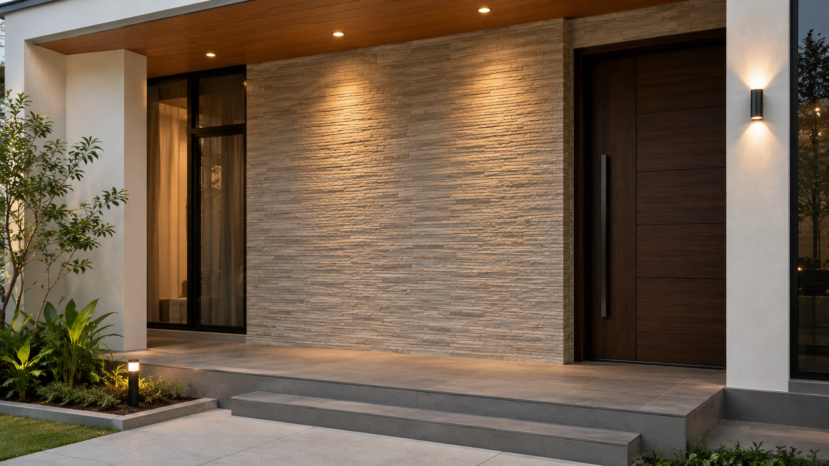 Keramik dinding teras depan rumah minimalis dengan desain modern dan tekstur batu alam