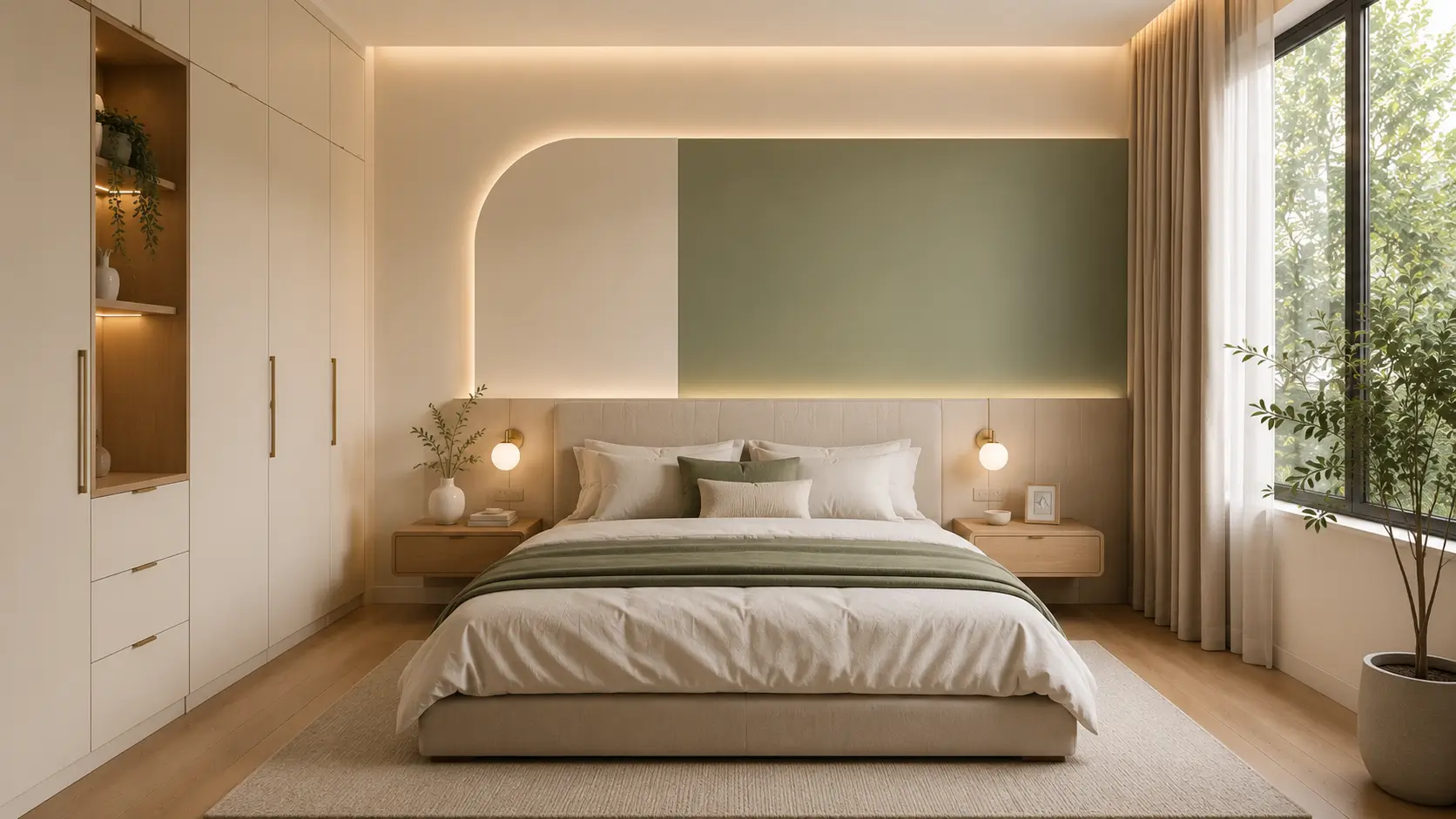 Kombinasi cat kamar aesthetic 2 warna warm white dan sage green.