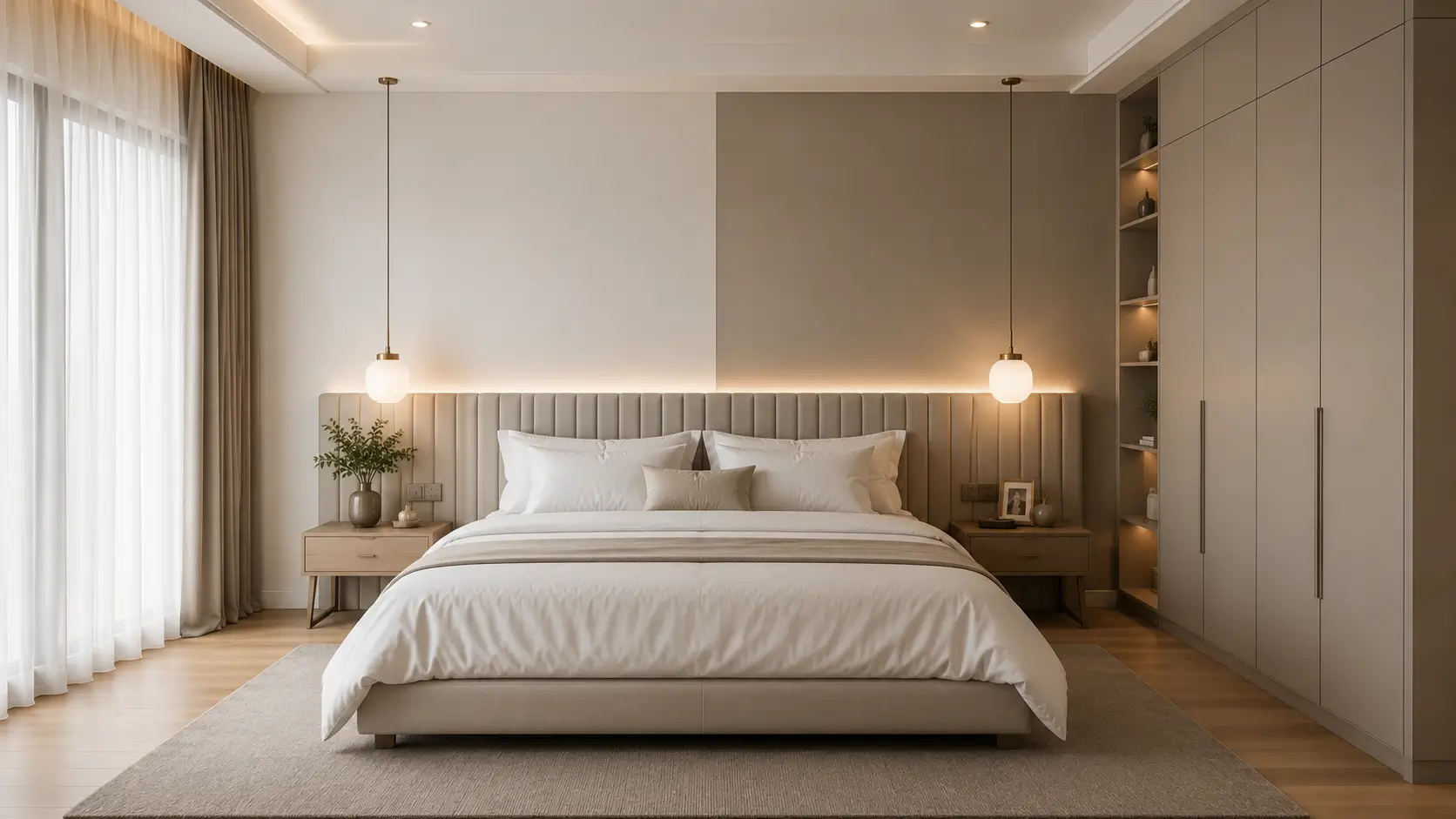 Kombinasi dua warna cat kamar tidur elegan warm white dan greige