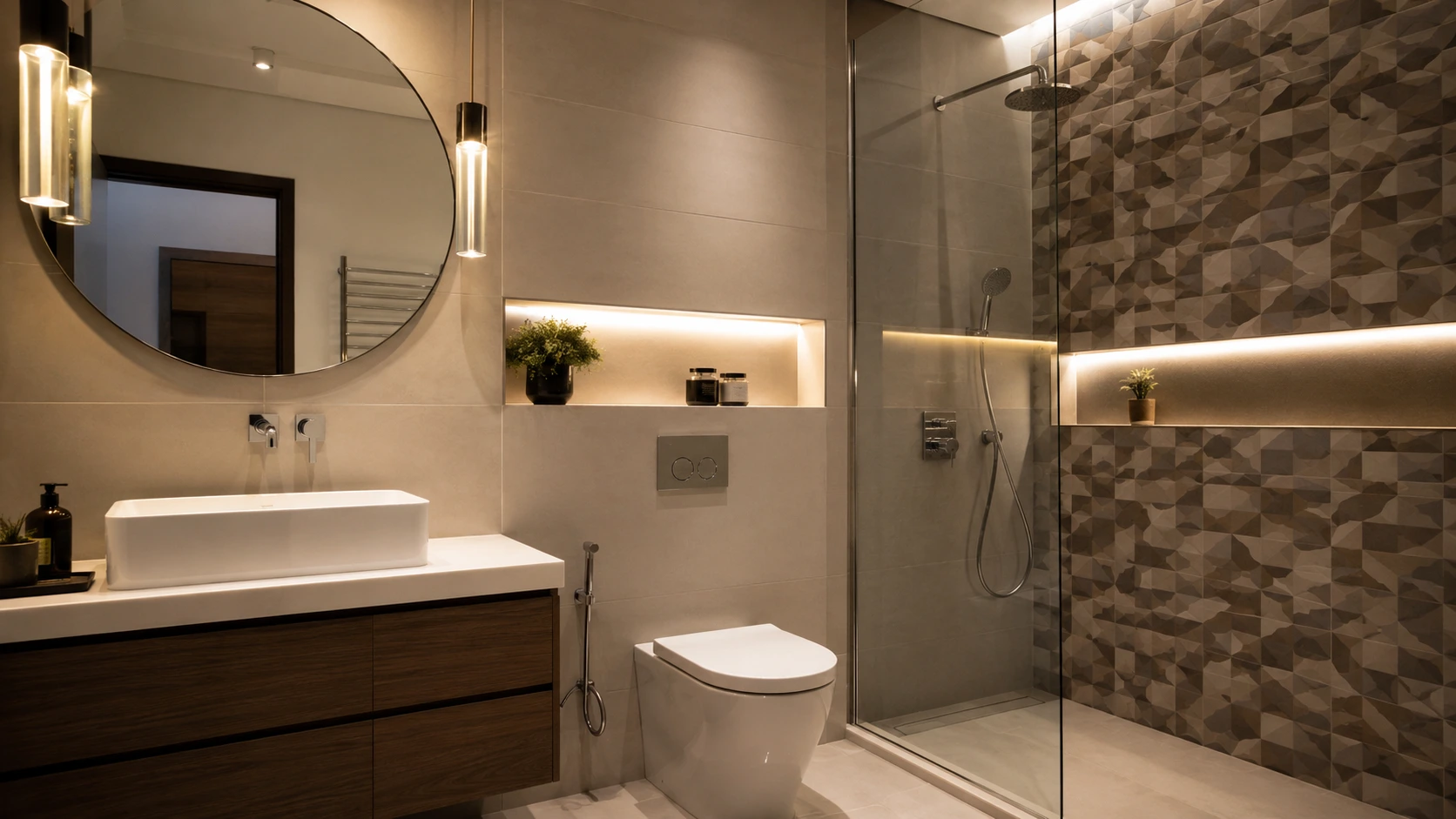 Kombinasi keramik dinding area shower dengan accent wall modern minimalis.