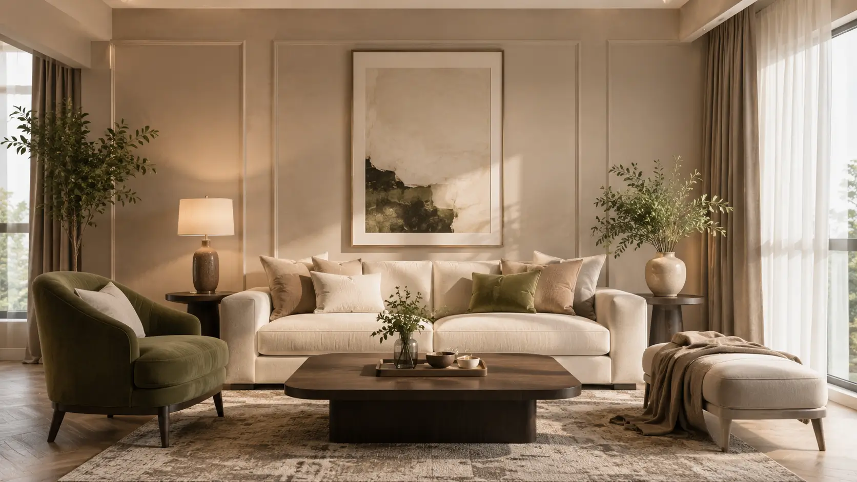 Kombinasi warna ruang tamu elegan dengan beige, taupe, dan hijau zaitun.