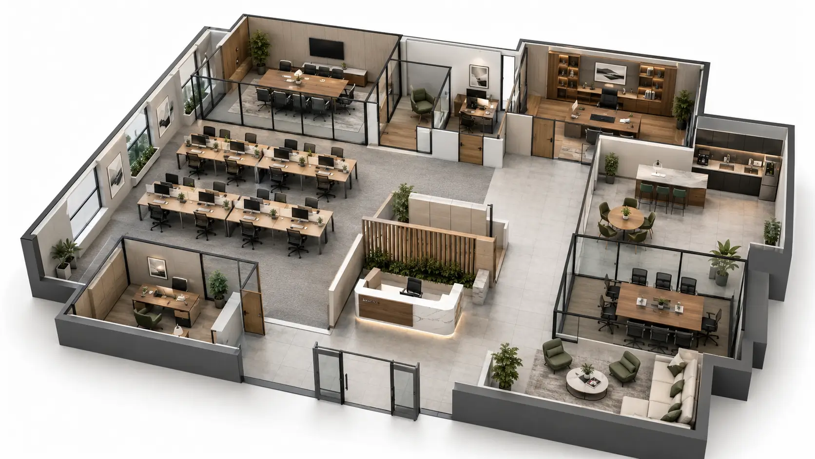 Layout interior kantor dengan zonasi ruang kerja yang efisien