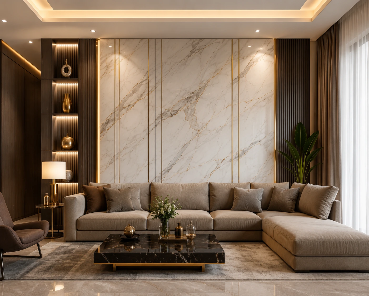 Marmer PVC dinding pada ruang tamu modern dengan konsep elegan.