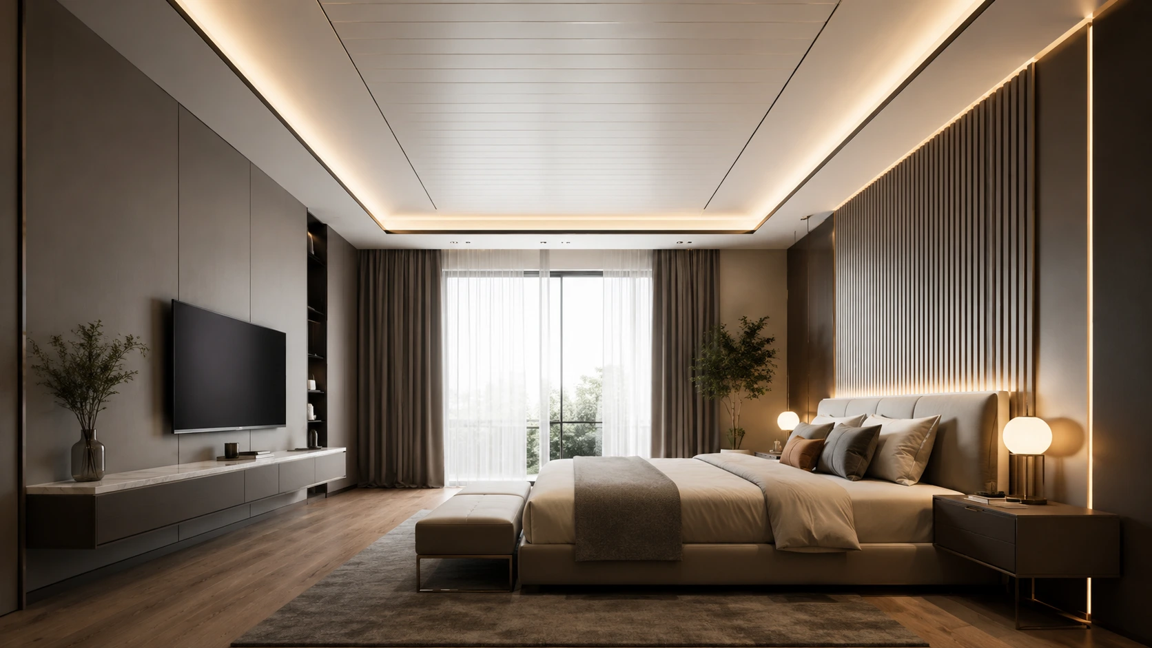 Model plafon PVC kamar tidur minimalis modern dengan pencahayaan LED.
