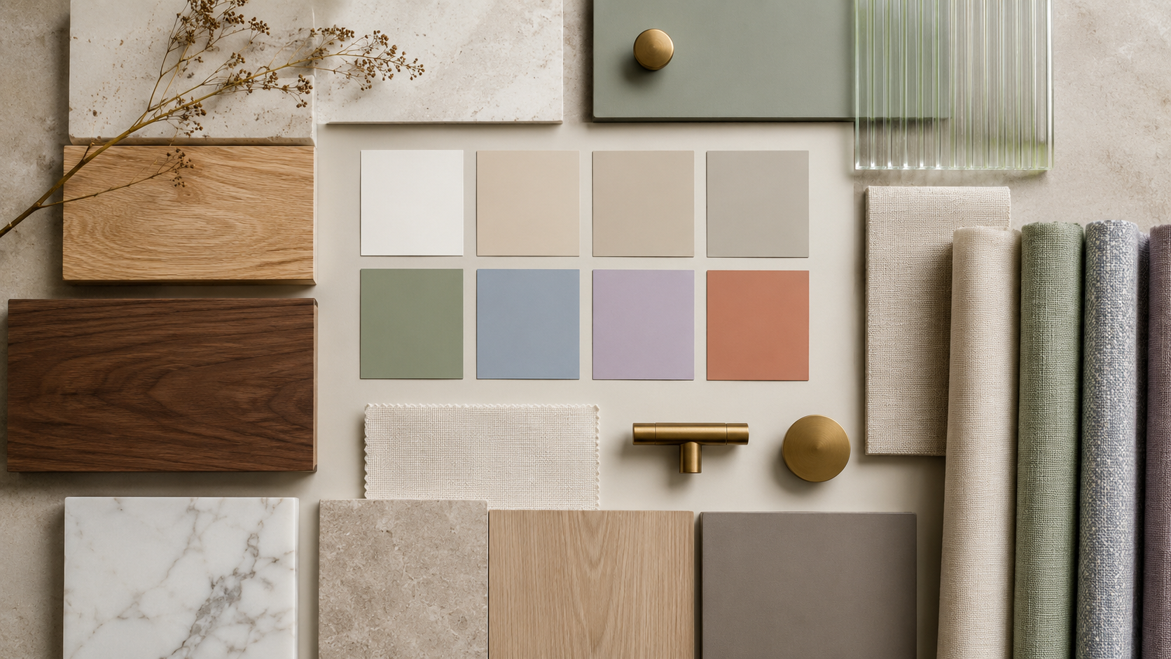Mood board kombinasi warna cat kamar tidur dengan sampel kayu, kain, HPL, dan material interior.