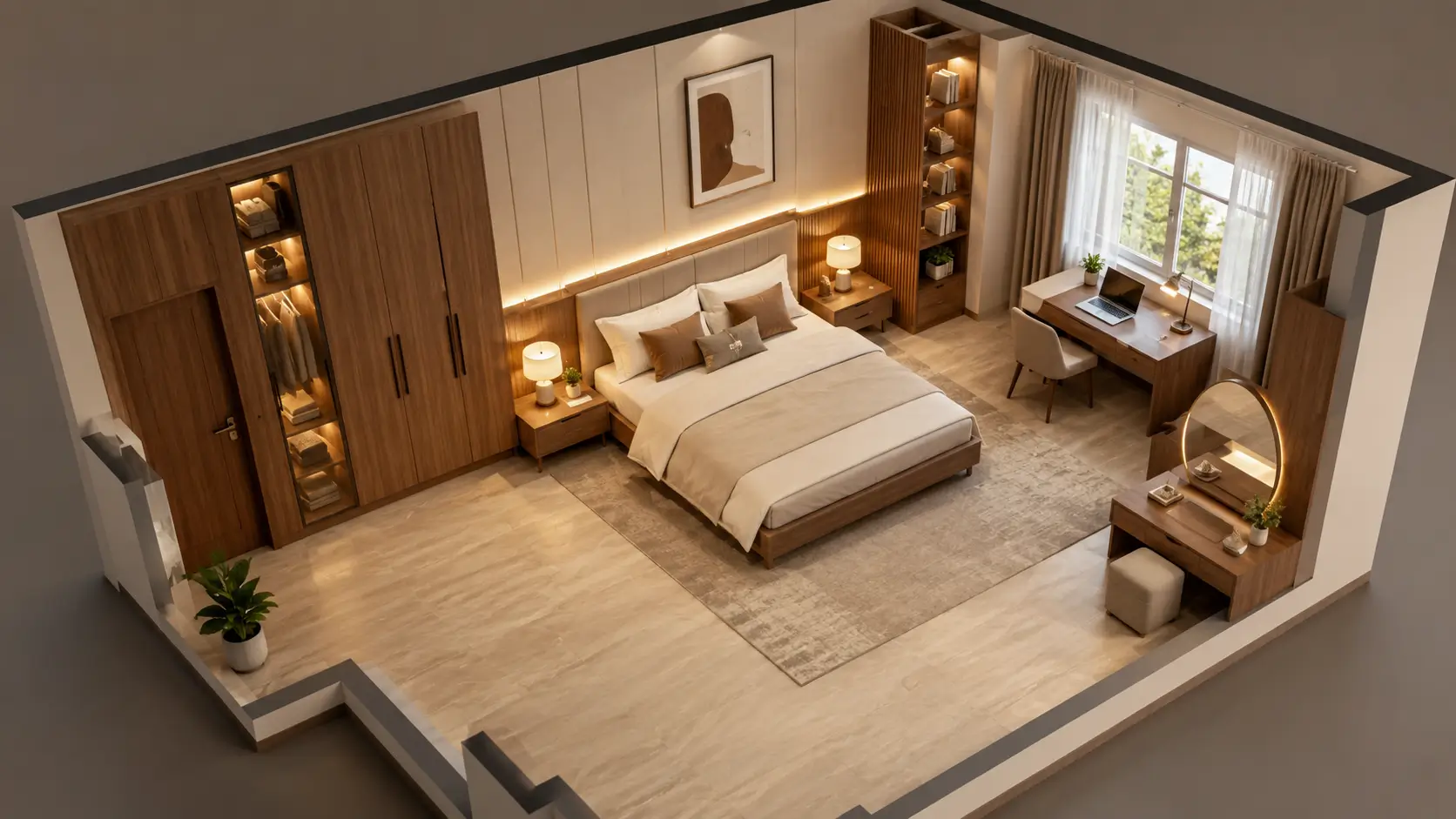 Penataan furnitur interior kamar tidur berdasarkan ukuran dan tata letak ruangan