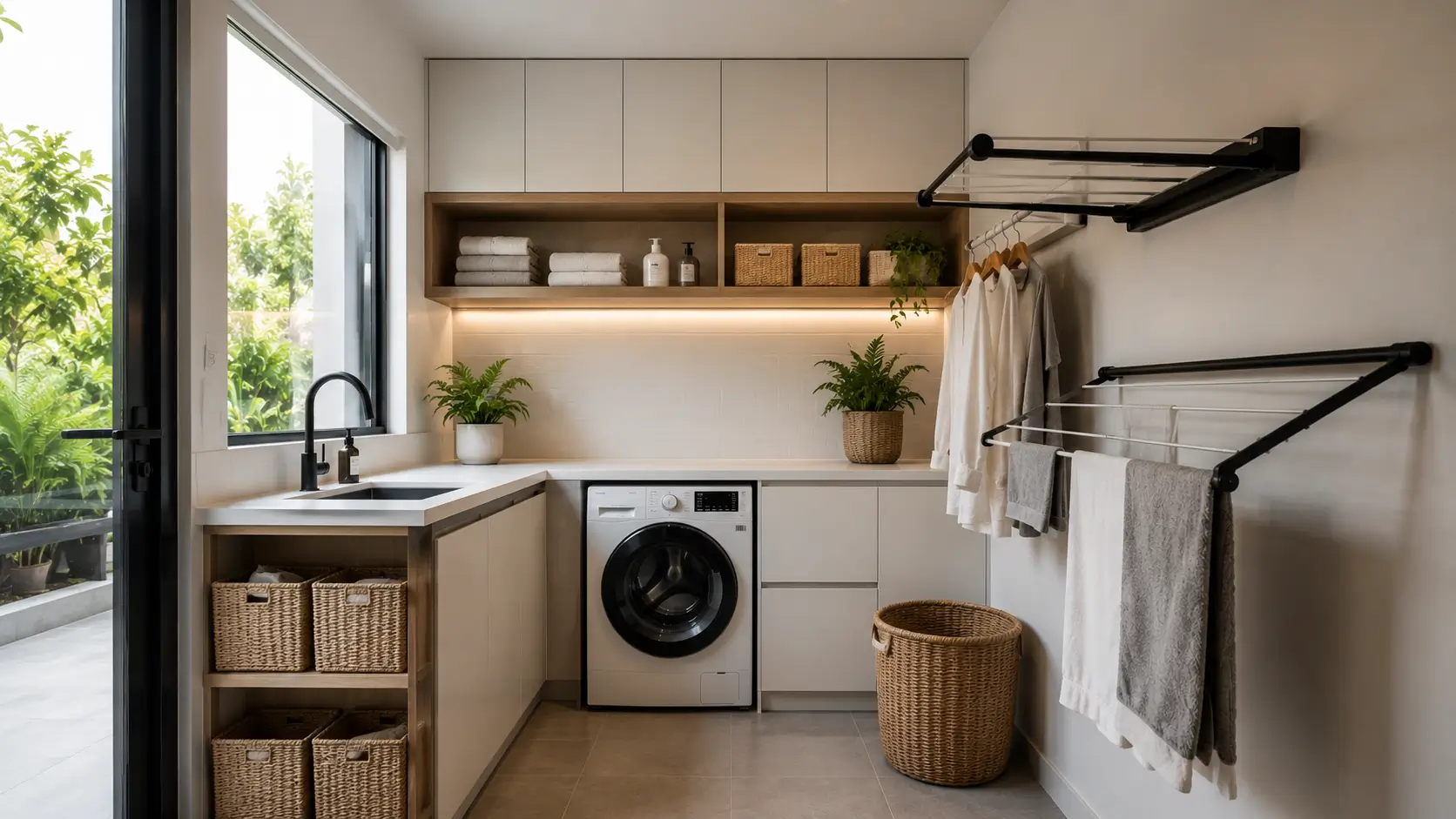 Penataan ruang laundry minimalis dengan rak penyimpanan dan area jemur.