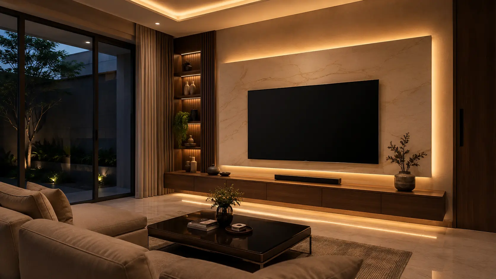 Pencahayaan LED tersembunyi pada desain backdrop TV modern di ruang keluarga