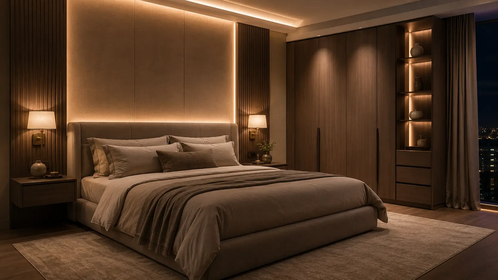 Pencahayaan berlapis dan penyimpanan tertutup pada interior kamar tidur elegan