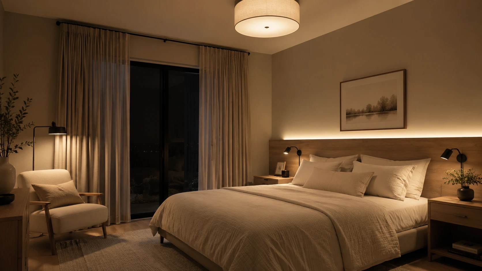 Pencahayaan hangat pada desain kamar tidur minimalis sederhana