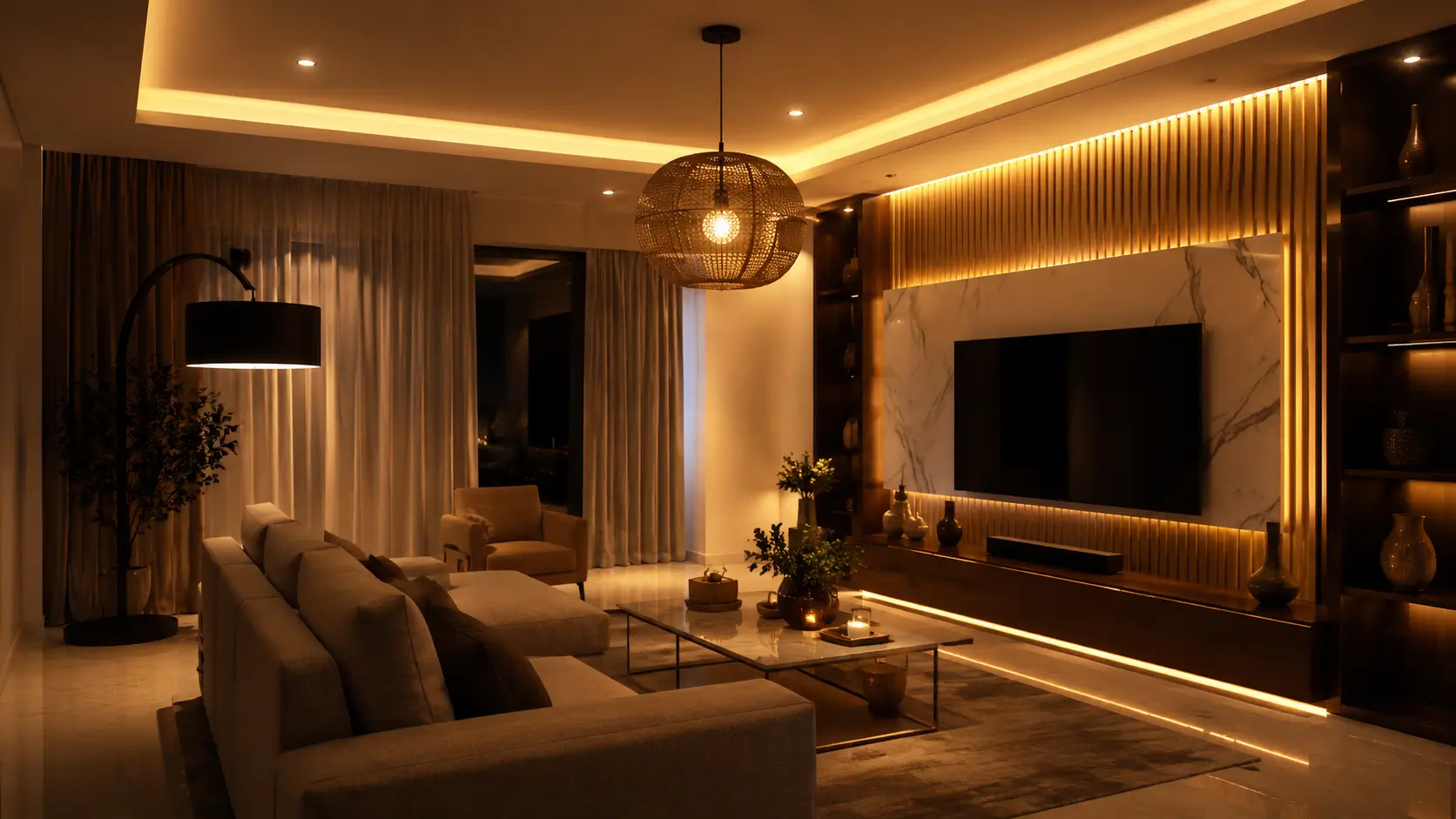 Pencahayaan ruang tamu elegan dengan lampu gantung dan LED