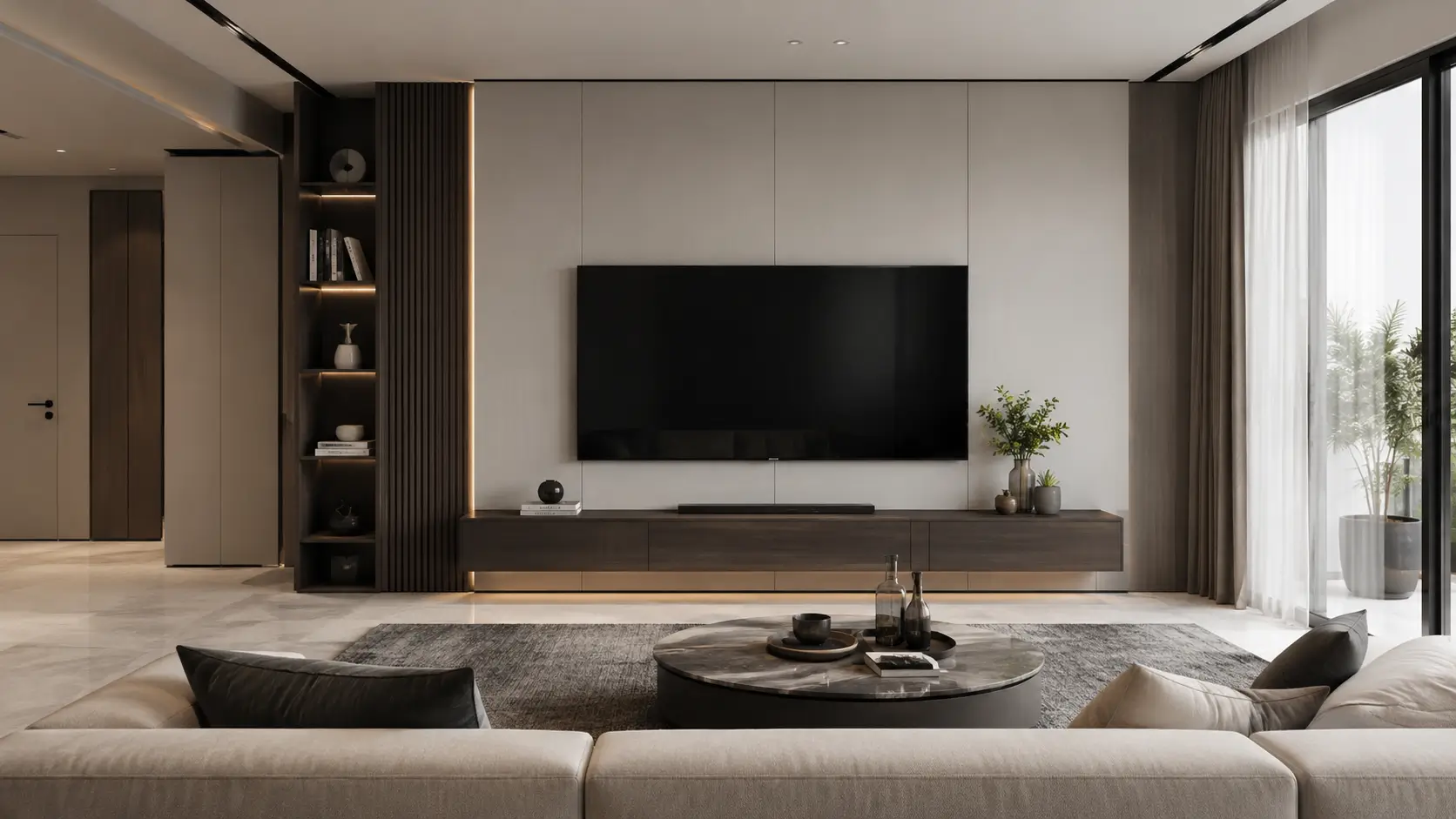 Penempatan backdrop TV minimalis yang proporsional terhadap sofa dan ukuran ruangan