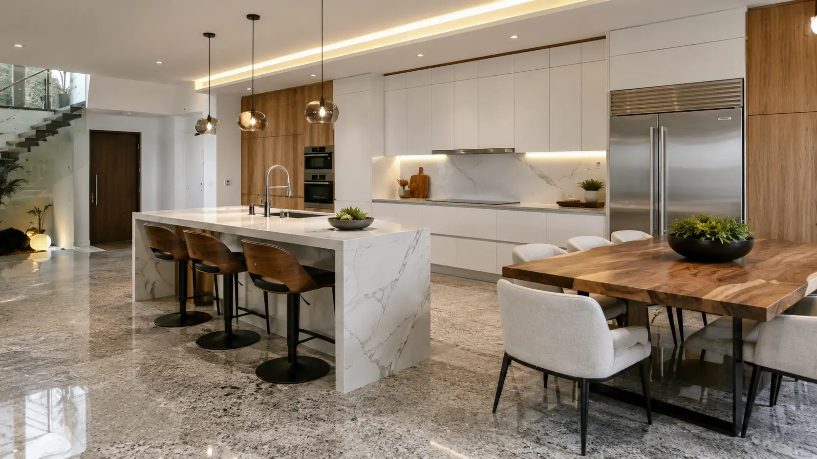 Penggunaan granit lantai pada dapur modern dengan konsep minimalis