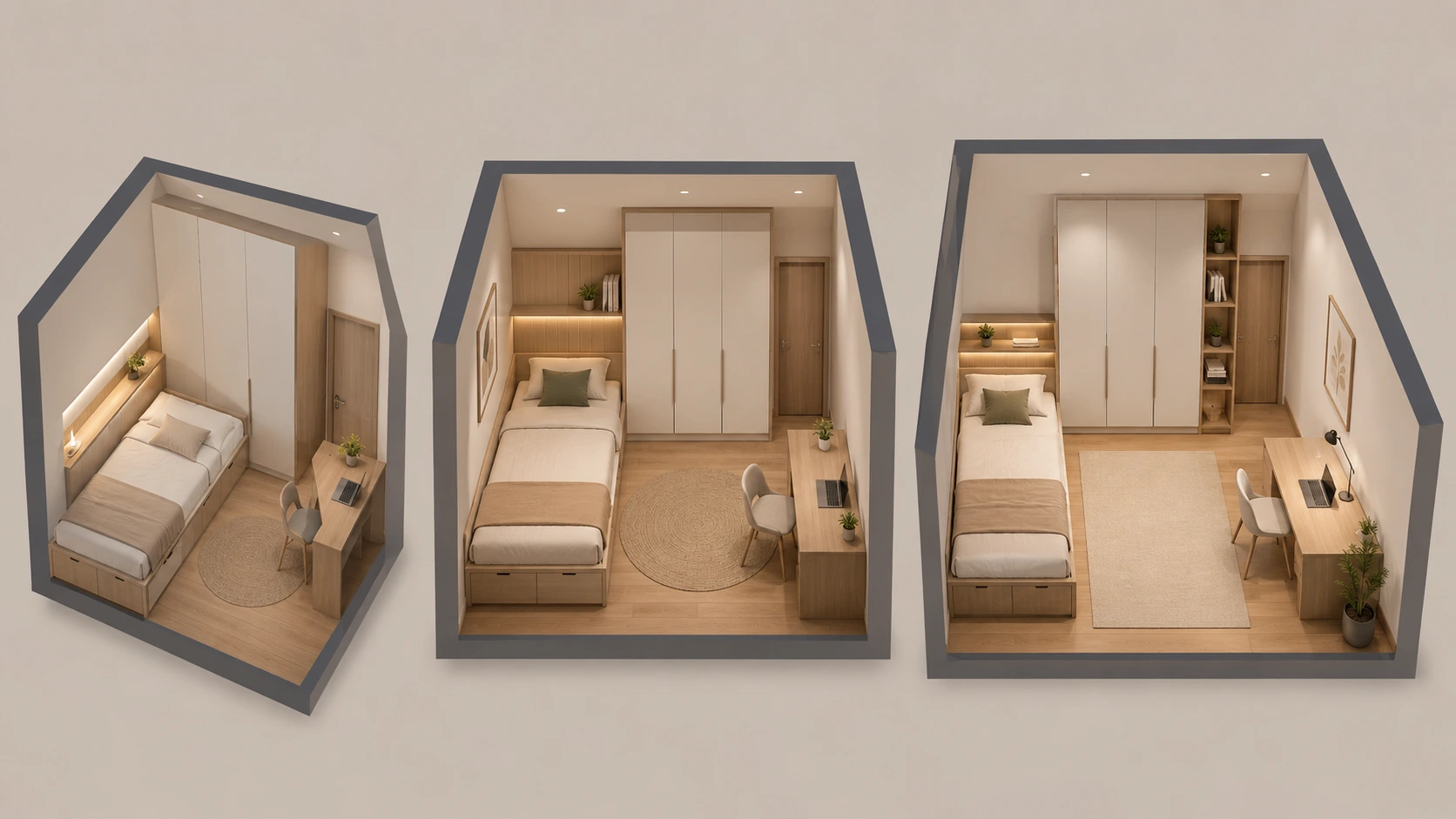 Perbandingan penataan desain kamar tidur minimalis ukuran 2x3, 3x3, dan 3x4 meter.