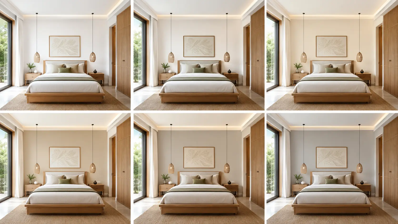 Perbandingan warna cat kamar tidur warm white, pearl, krem, beige, greige, dan abu-abu muda.