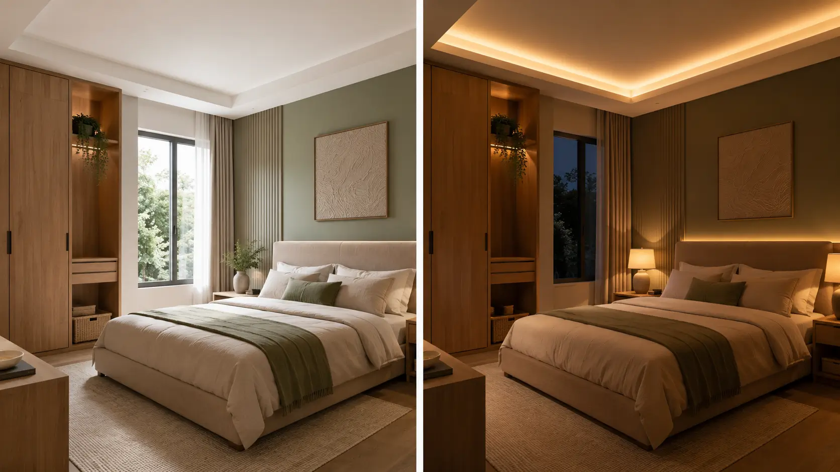 Perbedaan tampilan warna cat kamar tidur pada cahaya alami dan pencahayaan warm white.
