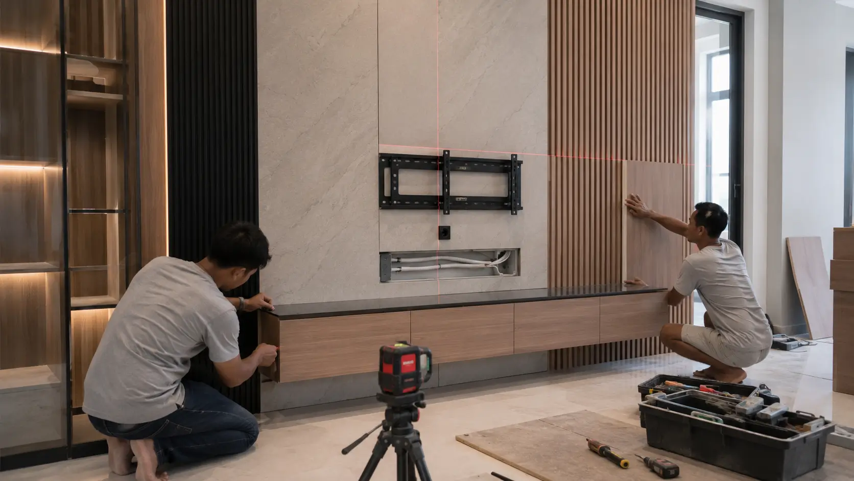 Proses instalasi backdrop TV minimalis dengan bracket dan jalur kabel tersembunyi