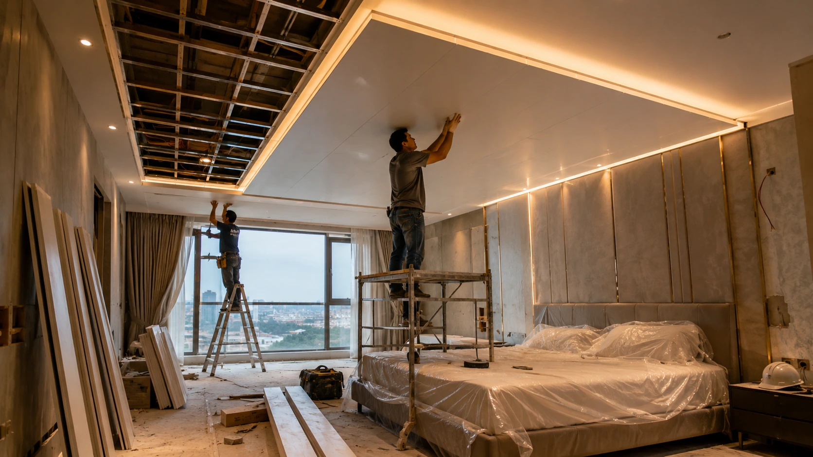 Proses pemasangan plafon PVC kamar tidur modern.