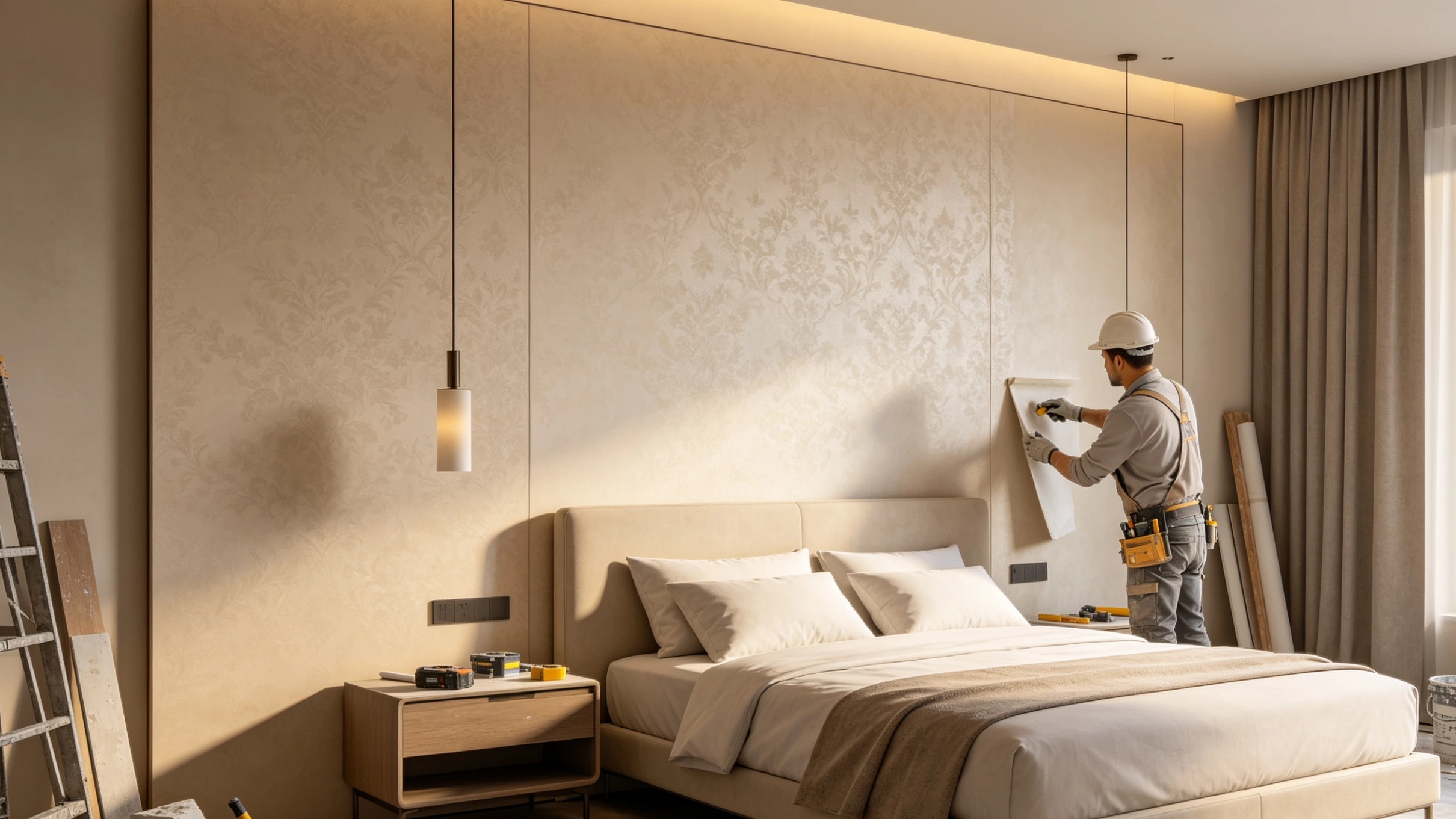 Proses pemasangan wallpaper dinding kamar tidur oleh tenaga profesional.