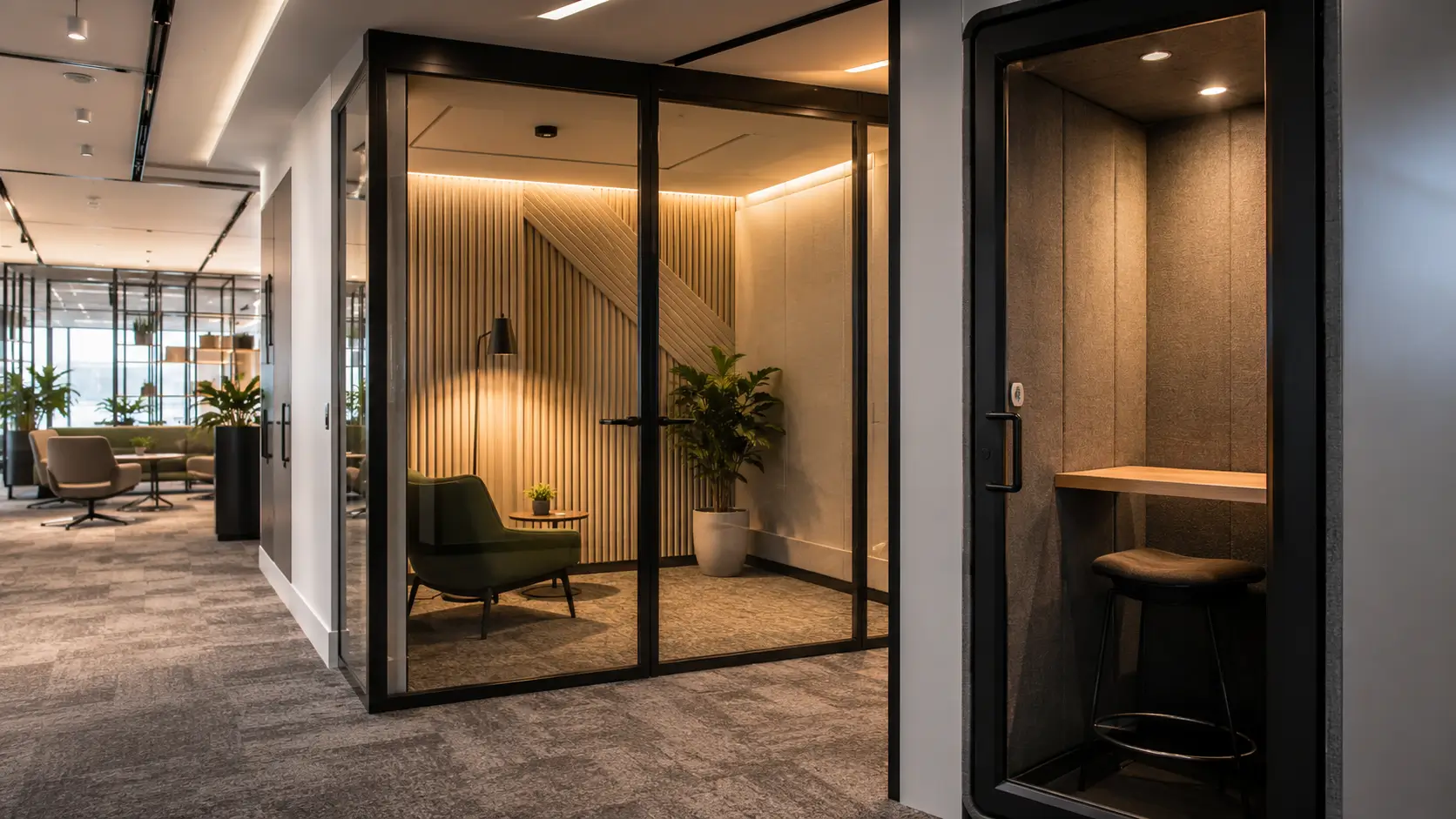 Ruang fokus dengan panel akustik pada interior kantor modern