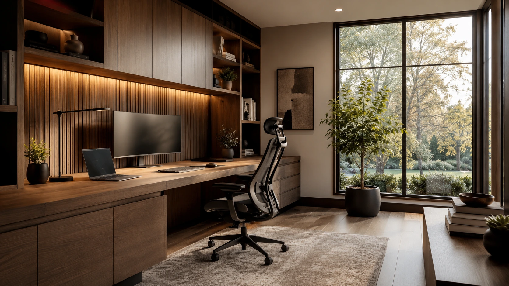 Ruang kerja kantor pribadi modern dengan meja custom dan kursi ergonomis