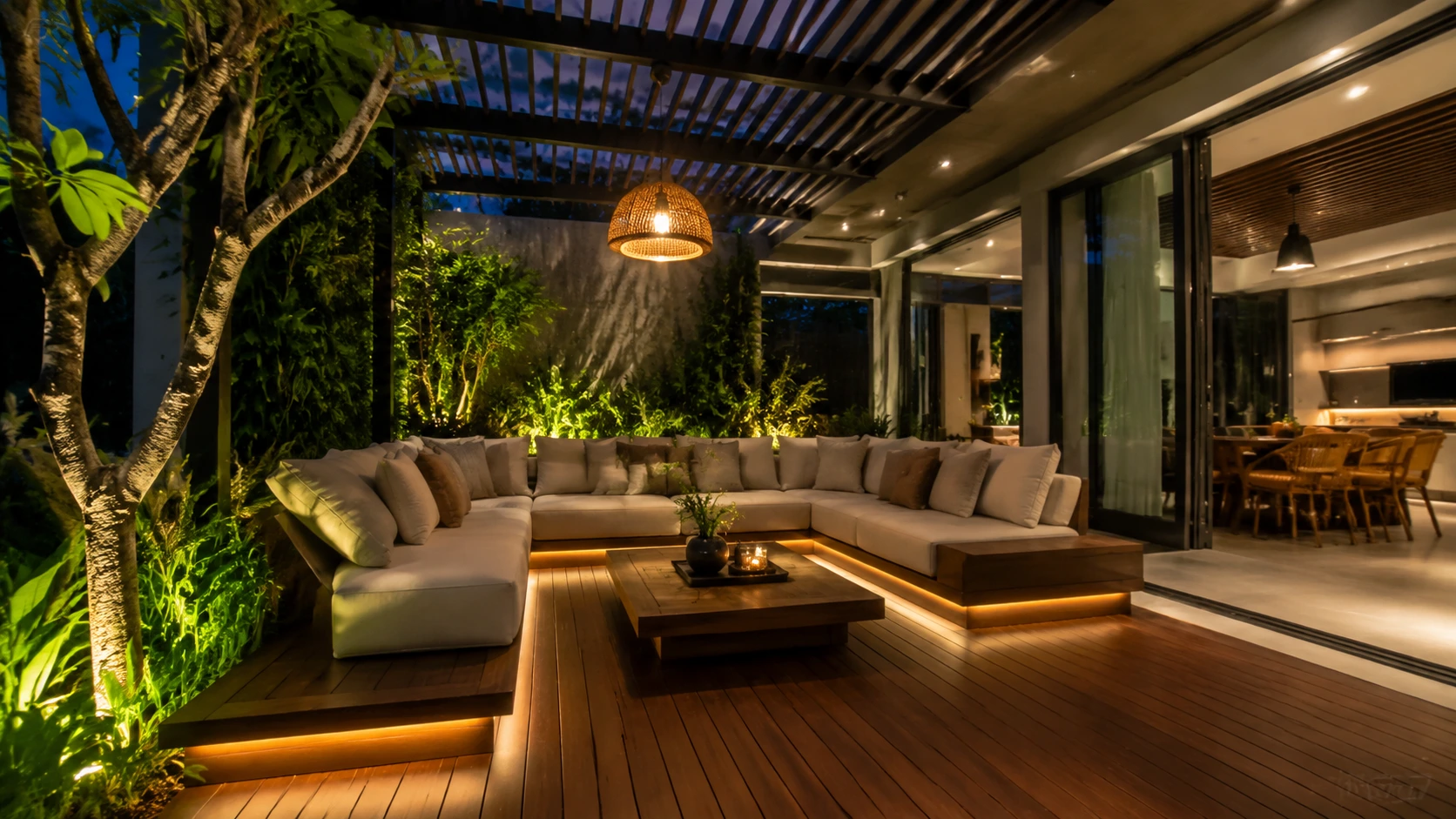 Ruang tamu semi outdoor dengan pergola dan furnitur custom