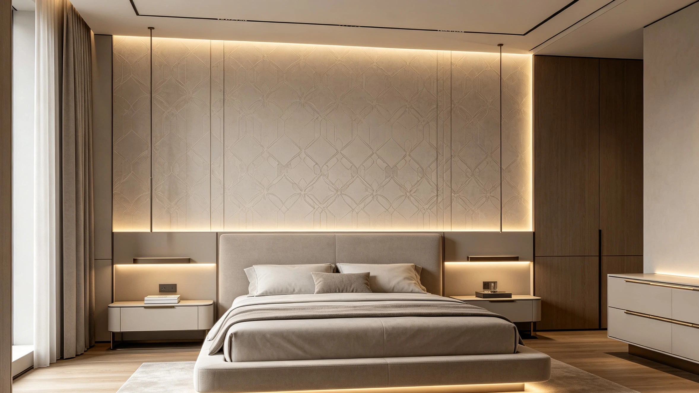 Wallpaper kamar tidur elegan dengan desain interior modern minimalis.