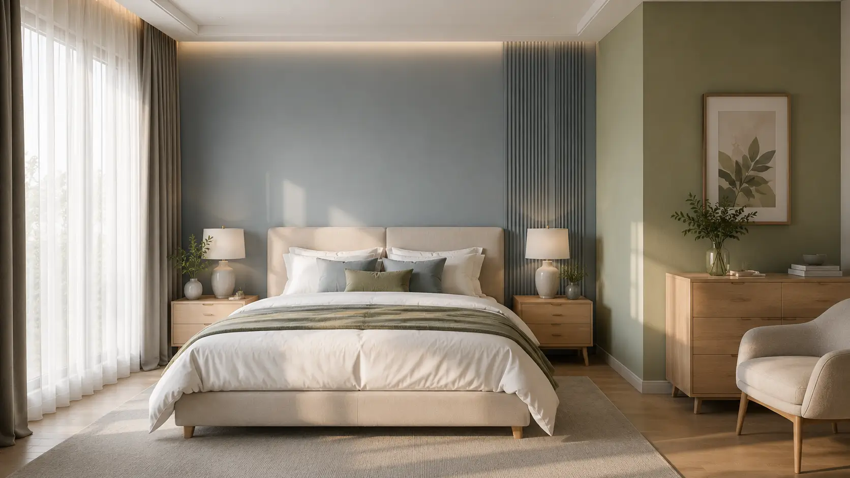 Warna cat kamar tidur elegan dusty blue dan sage green yang menenangkan