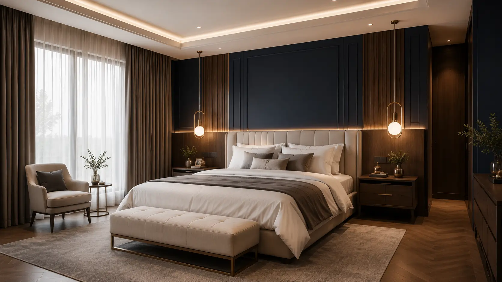 Warna cat kamar tidur elegan navy dengan furnitur kayu dan aksen brass