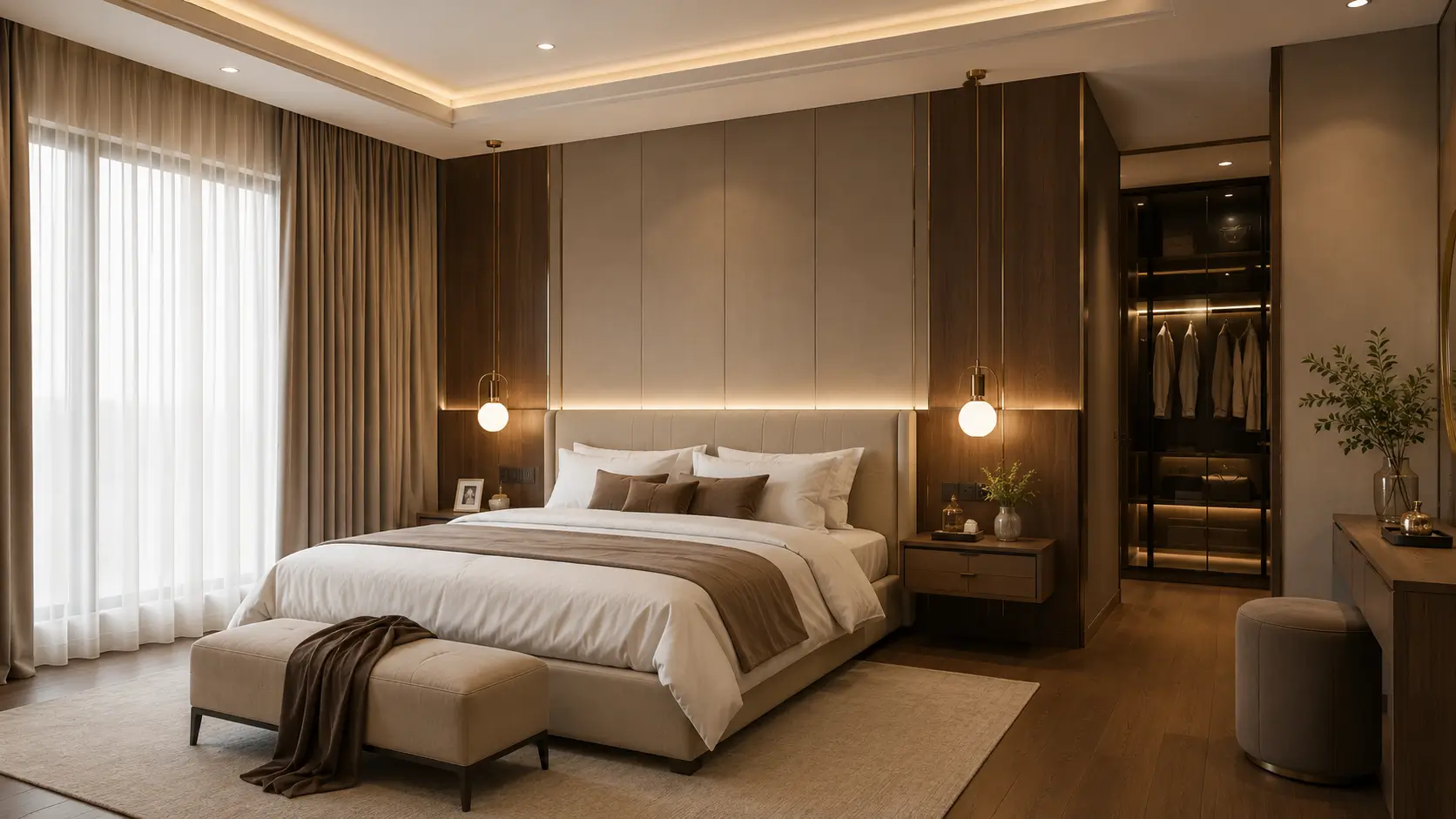 Warna cat kamar tidur elegan warm greige dengan furnitur custom modern