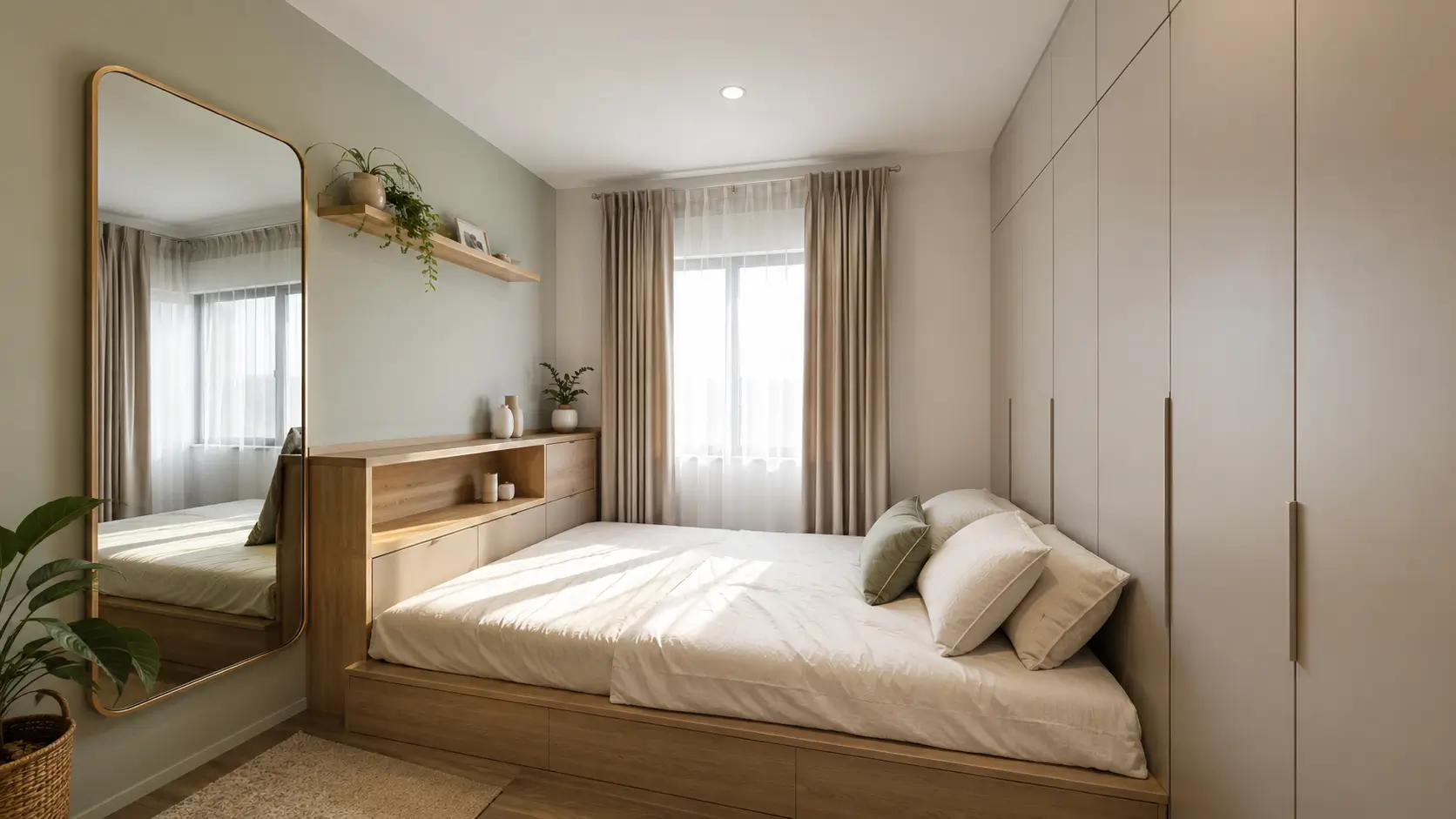 Warna cat kamar tidur sempit yang sejuk dengan furnitur custom hemat ruang