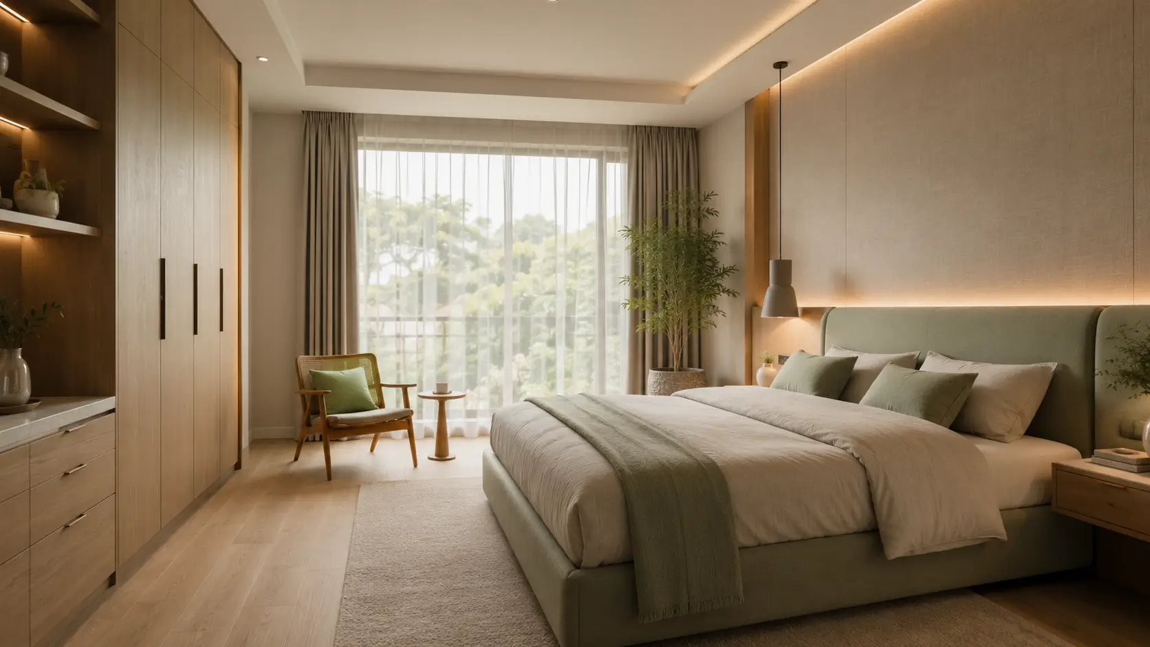 Warna cat kamar tidur yang sejuk dengan kombinasi putih hangat, hijau sage, dan furnitur kayu